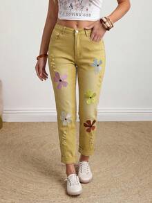 EMERY ROSE Plus Size High Stretch Floral Decorated Casual Jeans - Apricot - View 8