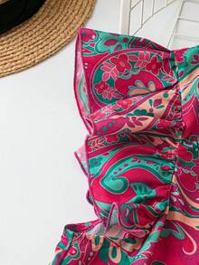 EMERY ROSE Blusa holgada con cuello de volantes, mangas cortas y estampado floral pequeño, elegante y dulce, adecuada para vacaciones y uso diario, tallas grandes para mujeres - Rojo - Ver 5