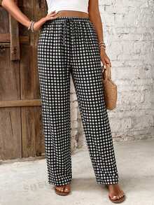 SHEIN Frenchy Quần nữ cạp chun họa tiết kẻ caro cổ điển, thích hợp cho dạo phố, phong cách đường phố, sân bay, thanh lịch, đi làm, nghỉ mát biển, tiệc cưới, lễ hội, phong cách Bohemian. - Nhiều màu - Xem 4