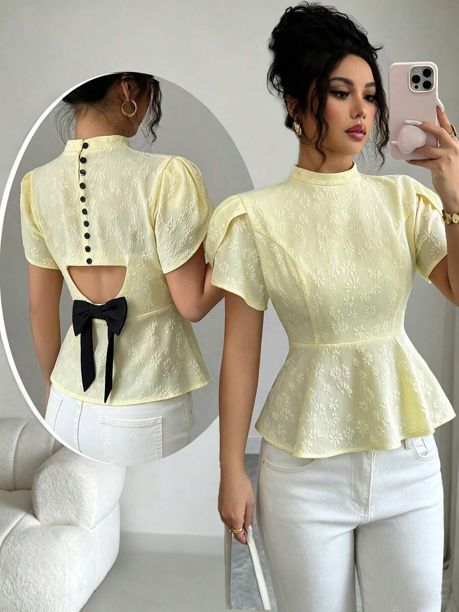 Elenzga Nouvelle blouse d'été pour femmes avec col montant, manches à volants en forme de pétale et ourlet à volants - Jaune clair - Voir 1