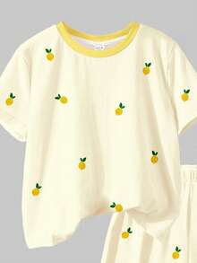 2pcs/Set Cream Yellow Retro Mini Lemon Print Contrast Collar Tween Girls Casual Short Sleeve T-Shirt And Shorts Set, Suitable For Spring/Summer Daily, Outing, Vacation, Holiday Wear - Multicolor - View 4
