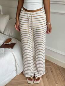 CovetEZ Women's Striped Tie-Waist Flare Leg Pants - Khaki - View 8
