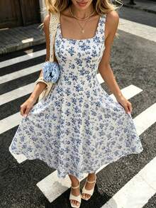 SHEIN Raffinéa Women's Fashionable Elegant Printed Waist Dress - Blue - View 4