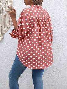 SHEIN Áo kiểu dáng cỡ lớn, cổ chữ V, tay dài, chấm bi, phong cách retro. - Bụi hồng - Xem 4