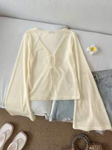 SHEIN LUNE Women's Casual Lace-Up Sheer Cream Yellow Blouse - Beige - View 2