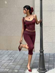 Women's Wine Red Polka Dot Print Skinny Leggings - Burgundy - View 3