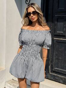 Pariaura Women's Vacation Plaid Off-Shoulder Short Sleeve Shirred Waist Romper - Black - View 3