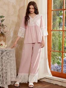 Côtesoire Romantic French Elegant Lace Women Pajama Set - Pink - View 5