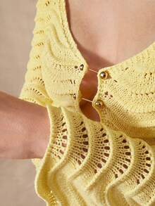 Anewsta Solid Color Sexy Hollow Wave Flare Sleeve Beach Dress - Pale Yellow - View 5
