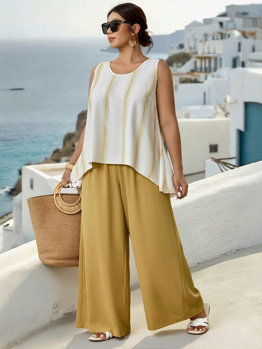 Parysyn Moda de verano de talla grande, nuevo conjunto de dos piezas de blusas y pantalones de verano para damas - Amarillo - Ver 1
