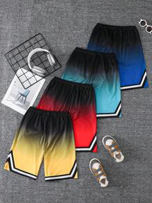 SHEIN Conjunto de 4 peças de shorts casuais esportivos com estampa de letras 3D em degradê, estilo Chicago, para meninos pré-adolescentes. Confortáveis e estilosos, com cintura elástica, laváveis à máquina, ideais para uso diário, atividades ao ar livre e para o verão. - Multicolorido - Ver 2