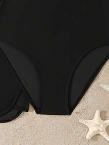SHEIN Teen Girls One Piece Swimsuit,Black Solid Color,Halter Neck Adjustable,Regular Waist Tie Shorts,Fashion Minimalist Style,Summer,Beach,Holiday,Pool - Black - View 6