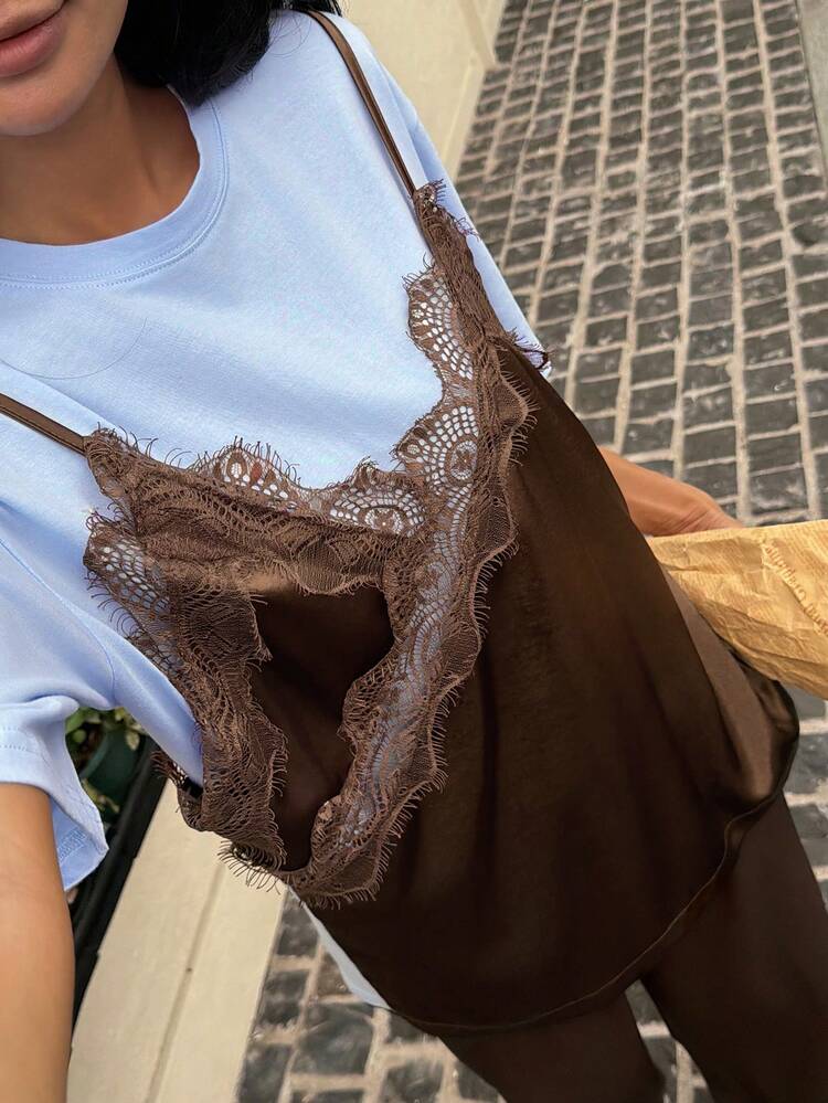 Women's Patchwork Contrast Color Loose T-Shirt, Layered Camisole Look, Sweet Style, Suitable For Spring And Summer