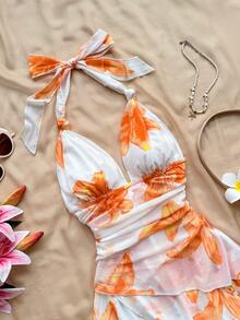 Soleia Đầm ngắn gợi cảm kiểu vintage ombre cổ chữ V buộc dây bằng vải lưới xếp ly bất đối xứng, thích hợp cho kỳ nghỉ của phụ nữ. - trái cam - Xem 5
