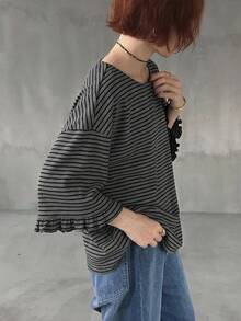 FRIFUL Women's Casual Striped Loose T-Shirt, Versatile For Spring And Summer - Grey - View 2