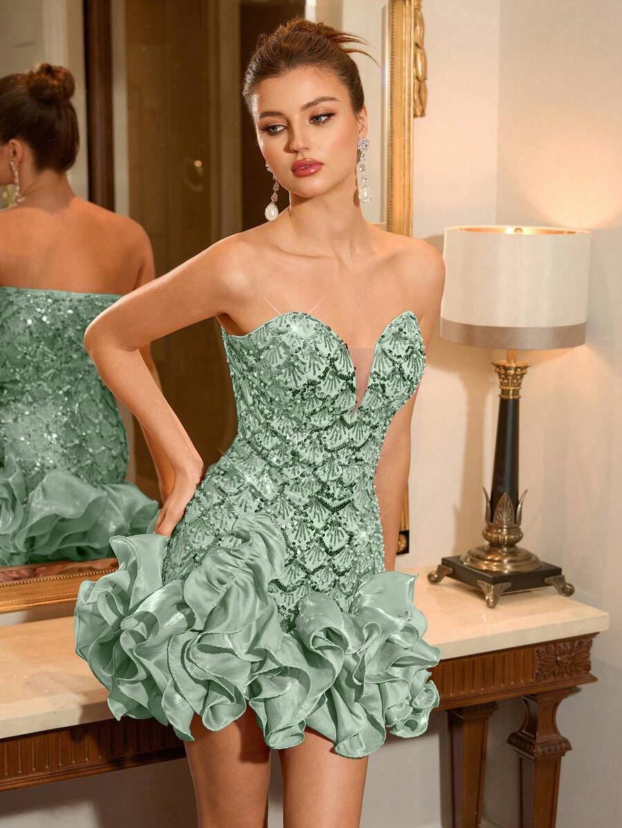 Poshira Strapless Deep V-Neck Rhinestone Sequined Mini Party Dress,3D Floral Design Short Hem Gown For Birthday,Wedding Guest,Cocktail & Graduation - Green - View 1
