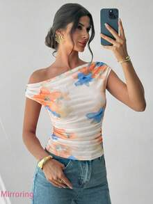 女士不对称肩部扎染印花褶皱不对称领口T恤上衣，印花上衣，不对称肩部上衣，春夏服装，沙滩装，通勤装，优雅，性感，度假装，海滩装，波西米亚风，夏威夷风情，音乐节装，浪漫装，约会装 - 杏色 - 查看 3