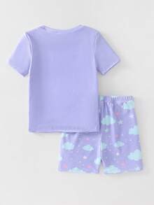 Young Girl' Navy Blue Cute Unicorn Print Short Sleeve Shorts 2 Pieces Pajama Set - Mauve Purple - View 2