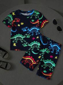 SHEIN [Random 3 Sets,Send 1 Sets] Young Boy Glow-In-The-Dark Dinosaur Print Snug Fit Short Sleeve Shorts Knit Soft & Breathable 2-Piece Pajama Set Summer - Multicolor - View 4