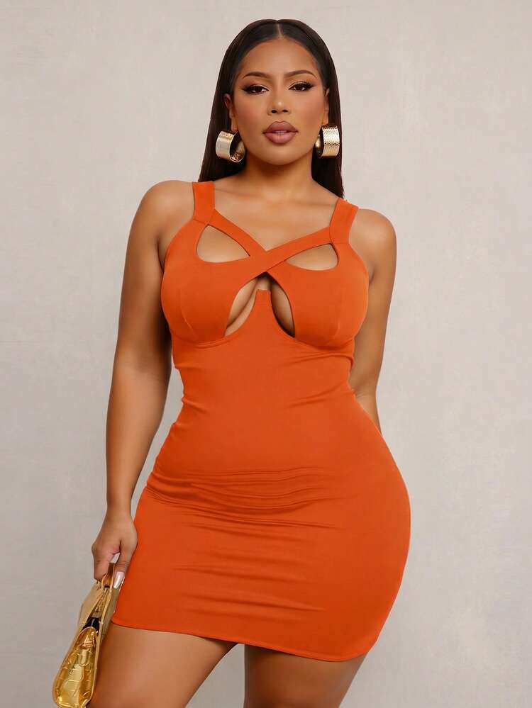 Radiana Chic Women's Sleeveless Orange Bodycon Mini Dress Crisscross Cutout Design