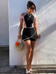 Swim  2026SS floral de color rosa impreso, elegante, cómodo y casual para vacaciones en la playa para mujeres. Nuevo traje de baño para mujer 2026SS para vacaciones, citas, estilo occidental, cruceros, playa, isla, viajes por carretera, todas las estaciones, festivales deúsica, vacaciones bohemias, vacaciones bohemias, otoño relajado bohemio Y2K, traje de baño modesto y elegante con cobertura completa para mujer Zanea Dress Woman Yisikado Dress Women Dress Elegant Dress Beach Outfits Women Dress - Multicolor - Ver 4