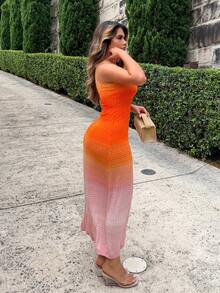Maria Perezxox Váy dệt kim ôm sát không tay cổ tròn kẻ sọc dành cho nữ - Màu Cam san hô - Xem 3