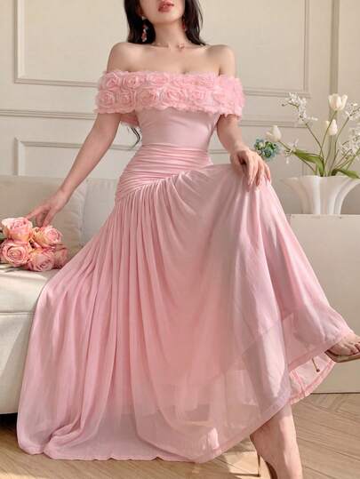 Celisse Women's Off Shoulder 3D Floral Top And Mini Skirt Elegant 2 Pieces Set