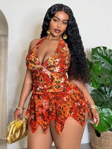 Slaydiva Maillot de bain grande taille Printemps/Été 2026, imprimé floral et feuillage coloré, col en V profond, côtés froncés, bordure en maille, taille haute. Tenue sexy pour la plage et la piscine en vacances - Multicolore - Voir 3
