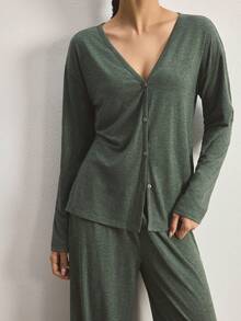 Ocili Minimalist Comfortable Collarless Soft Pajama Set For Women - Dark Green - View 2