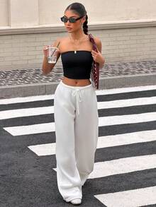 SHEIN Muchic 白色女士休闲宽松前系带运动裤，适合日常穿着和返校季、秋冬季 - 白色 - 查看 4