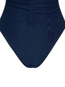 Swim Oasis 2pcs/Set Sexy Solid Color V-Neck Ruched Spaghetti Strap Bandeau One-Piece Swimsuit & Front Twist Slit Beach Dress Set - Blue - View 4