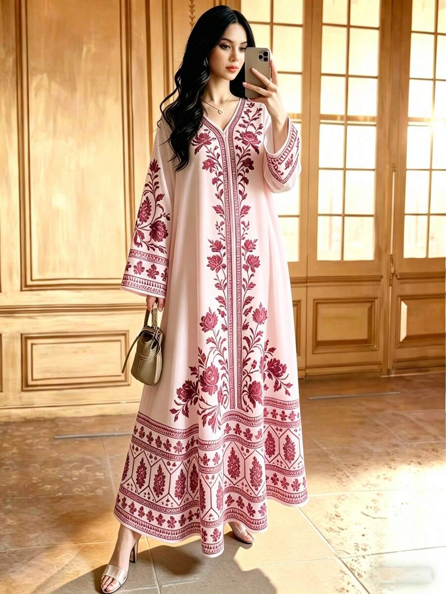 SHEIN Najma 玫瑰花蕾丝印花长裙，V领长袖碎花连衣裙，优雅浅粉色碎花连衣裙，春夏款 - 彩色 - 查看 1