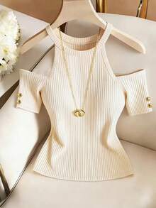 Franclia Women's Solid Color Off-Shoulder Ribbed Fitted Fashionable T-Shirt - Apricot - View 1