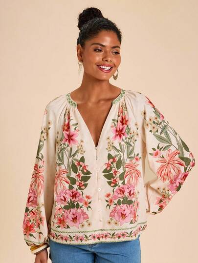 Travachic Camisa de mujer de manga larga con estampado floral tropical, ropa de vacaciones