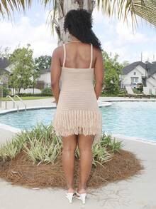 Đầm ngắn ôm sát người với dây đeo mảnh, viền tua rua, cúp ngực hình vỏ sò, phong cách Bohemian, Boho, thích hợp cho kỳ nghỉ, hẹn hò ngày Valentine, mùa xuân/hè. - Màu Khaki - Xem 2