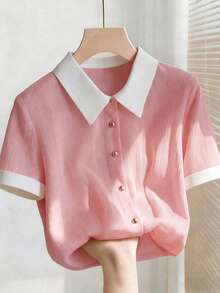 Franclia Áo kiểu nữ cỡ lớn màu hồng thanh lịch mới cho mùa hè, chất liệu chiffon, cổ trắng, dáng rộng, tay ngắn. Thích hợp cho mùa hè, lễ hội và các dịp nghỉ lễ. Đặc điểm nổi bật: cúc kim loại trang trí, kiểu dáng đa năng, cổ áo tương phản, dáng rộng, tay ngắn và vải xếp ly. Trang phục mùa tốt nghiệp, trang phục công sở thời trang, trang phục thường ngày năng động, trang phục chuyên nghiệp thành thị. - Bụi hồng - Xem 1