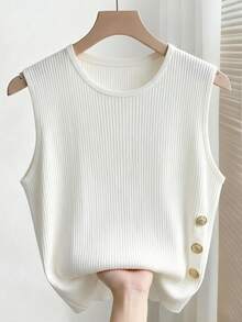 SHEIN Franclia Áo camisole không tay cổ tròn thanh lịch kiểu Pháp dành cho nữ cỡ lớn - trắng - Xem 1