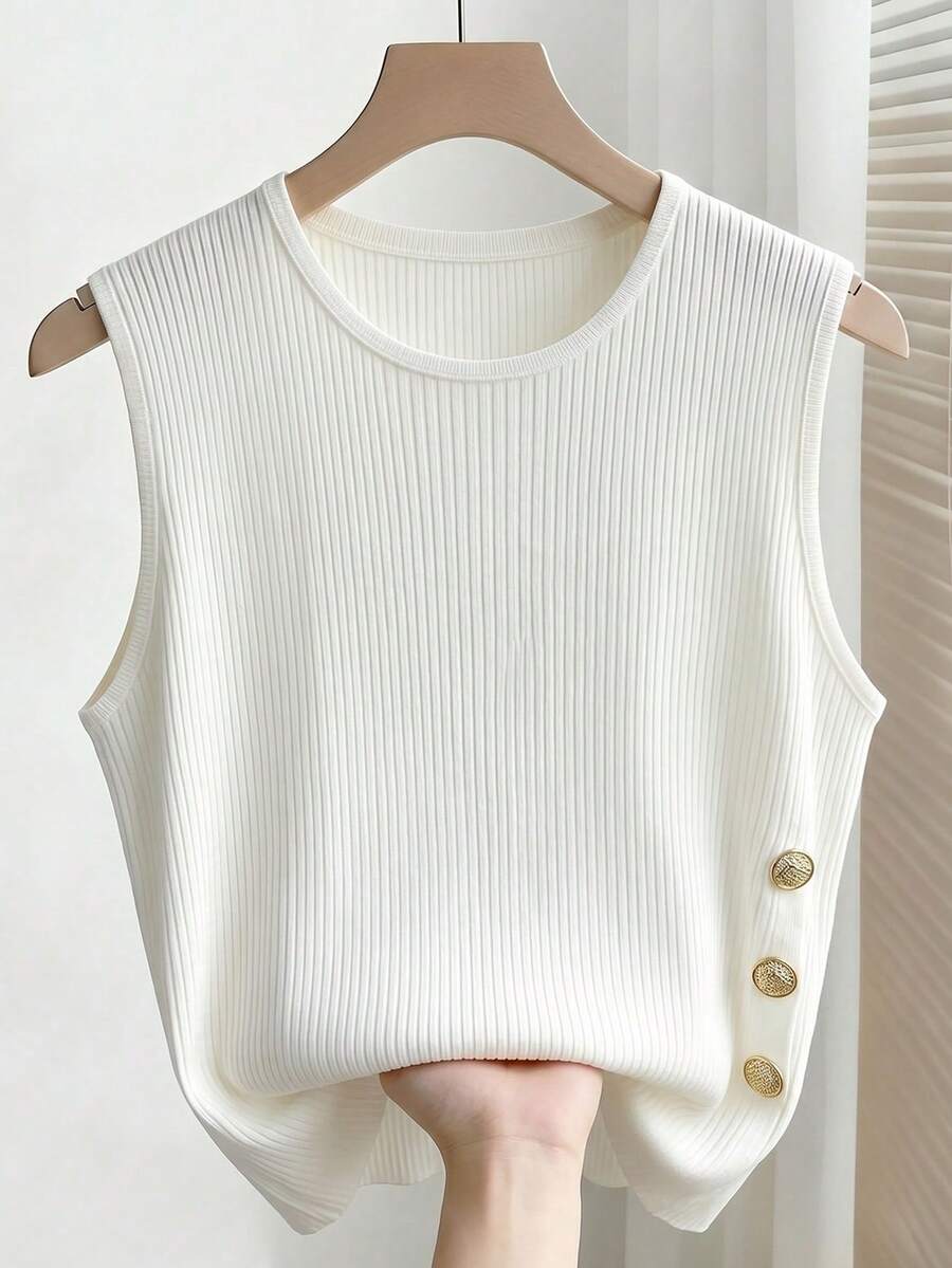 SHEIN Franclia Áo camisole không tay cổ tròn thanh lịch kiểu Pháp dành cho nữ cỡ lớn - trắng - Xem 1