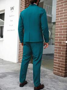 Manfinity Mode Men Plus Size Solid Color Notched Collar Single-Breasted Blazer And Pants Casual Formal Suit Set, Ceremony - Teal Blue - View 2