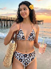 SHEIN Teen Girls' Leopard Print Bikini Set, Fashionable Two-Piece Swimsuit, Suitable For Beach Vacation, Summer Holiday, Swimming Pool Party - Multicolor - View 1