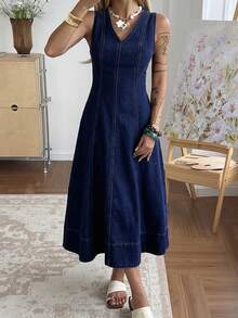 DAZY Đầm denim dài cổ chữ V dáng ôm dành cho nữ, thích hợp cho mùa xuân và mùa hè. - Màu xanh lam - Xem 7
