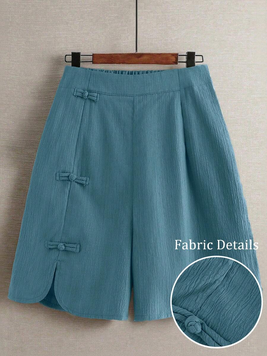 Linhara Quần short nữ cỡ lớn mùa hè, kiểu dáng thường ngày, thoải mái, cạp chun, gấu tròn, xẻ tà, trang trí nút thắt kiểu Trung Quốc. - Màu xanh lam - Xem 1