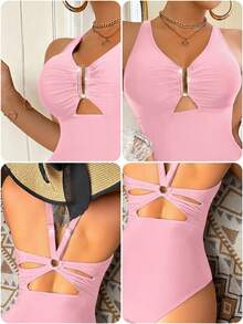 Voyashape Women's Fashion Resort Minimalist Metal Rhinestone Buckle One-Piece Swimsuit - Baby Pink - View 8