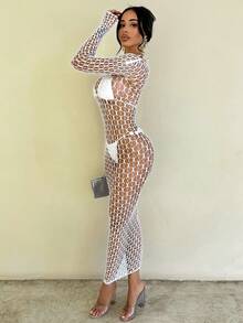 Vestido largo de manga larga romántico y hueco para mujer, nuevo 2026 - Blanco - Ver 2