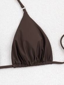 Swim Basics Women's Summer Beach Solid Color Halter Tie Sexy Bikini Swimwear Set - Coffee Brown - View 3