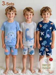 SHEIN Playful Pals 6pcs/Set Young BoyCartoon Galaxy & Ocean Animal Print Snug Fit T-Shirt And Shorts Pajama Set - Multicolor - View 4