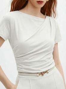 BizChic 百褶 T-Shirt 休閒運動鄉村風 日常商務正式通勤約會度假辦公顯瘦優雅性感百搭 夏秋萬聖節開學派對生日婚禮賓客特殊場合出遊海灘聚會社交假期購物下午茶旅行度假風慵懶街頭風極簡 - 白色 - 查看 2