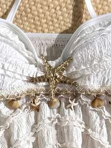 Bộ đồ bơi tankini cổ yếm màu mơ, chất liệu dệt kim họa tiết sao biển, dành cho bé gái tuổi teen, thích hợp cho kỳ nghỉ biển. - trắng - Xem 4