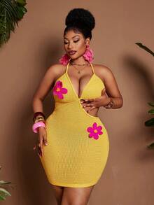 Maweii Women Yellow Summer Beach Vacation Holiday Halter Neck Knitted Dress, Y2K Open-Back Bodycon Mini Dress With 3D Pink Floral Embellishments - Yellow - View 5