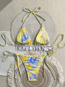 Swim Mod 女款夏季貝殼隨機印花比基尼套裝，貝殼飾邊，時尚簡約沙灘度假兩件式泳衣 - 彩色 - 查看 2